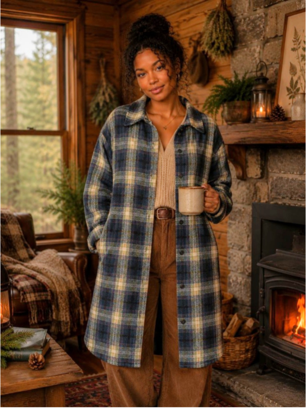 Women's Ci Sono Plaid Longline Shacket S Navy Beige